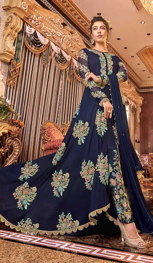 Exquisite Designer Long Abaya Salwar Kameez In Navy Blue Color Satin Silk -71211629