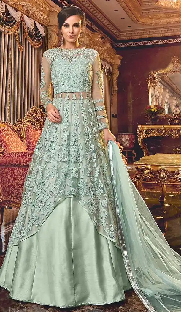 Ravishing Designer Long Pakistani Salwar Kameez In Baby Blue Color Net -71211634