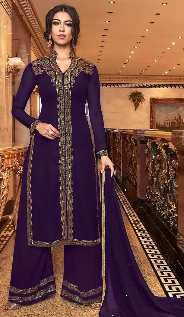 Attractive Designer Long Wedding Sharara Suit In Violet Color Georgette -71211635