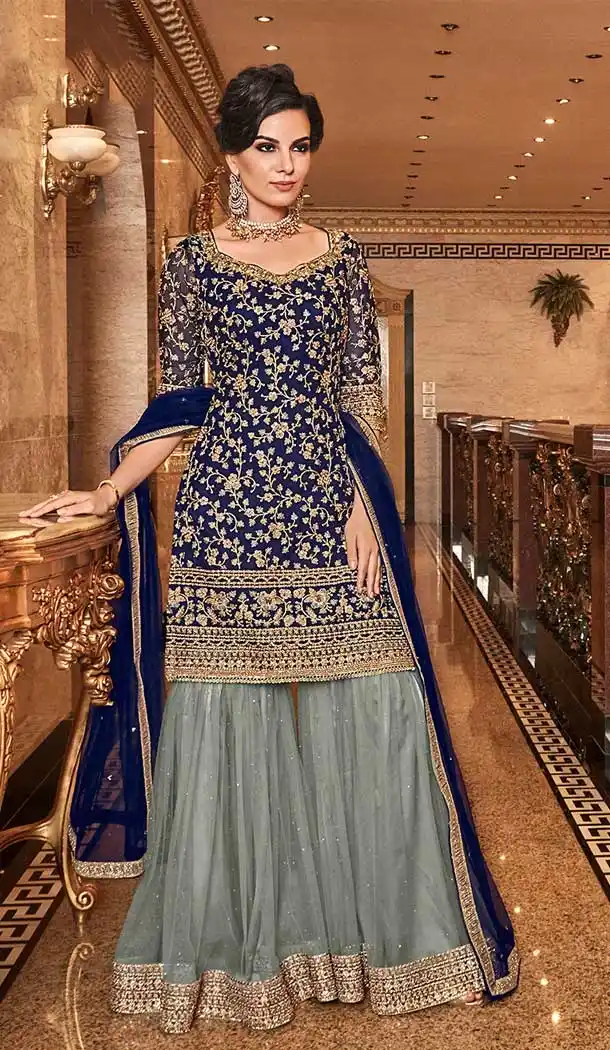 Stunning Designer Long Wedding Sharara Suit In Navy Blue Color Net -71211636