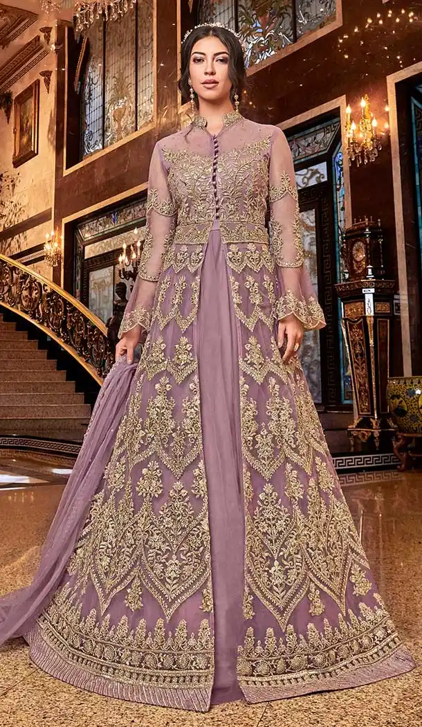 Dazzling Designer Long Pakistani Salwar Kameez In Lilac Color Net -71211637