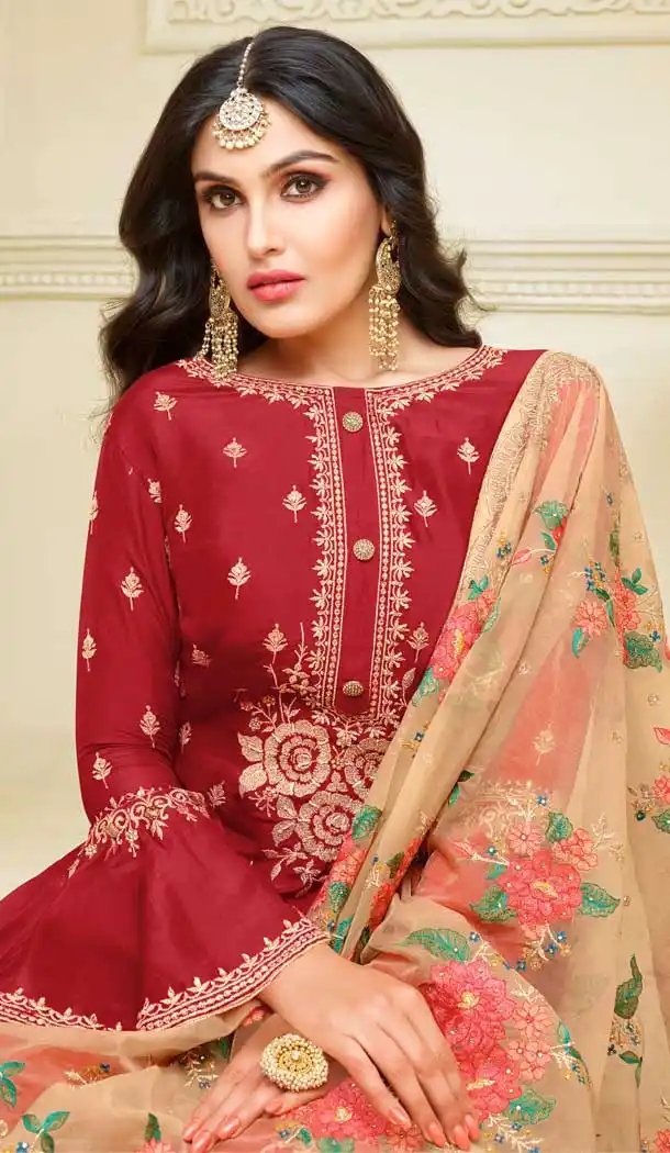 Red Color Satin Georgette Heavy Embroidred Designer Salwar Suits -676984940
