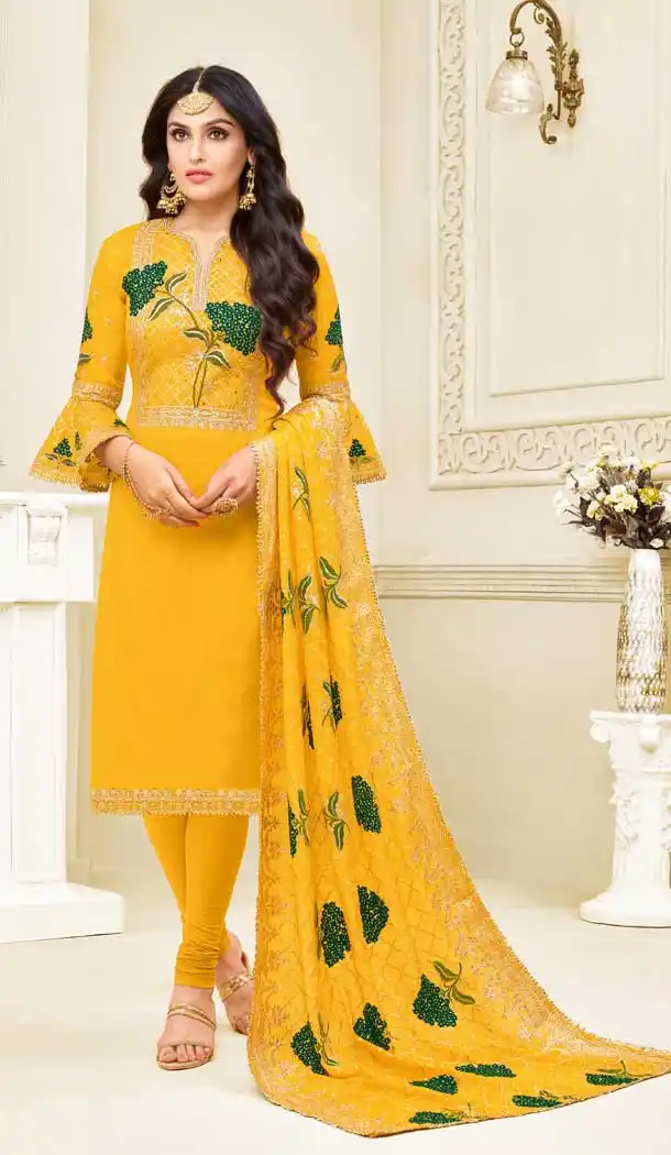 Yellow Color Satin Georgette Heavy Embroidred Designer Salwar Suits -676984942