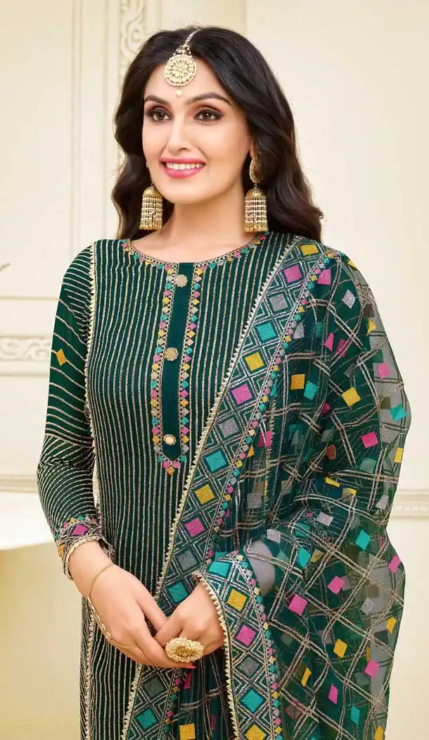 Dark Green Color Satin Georgette Heavy Embroidred Designer Salwar Suits -676984943