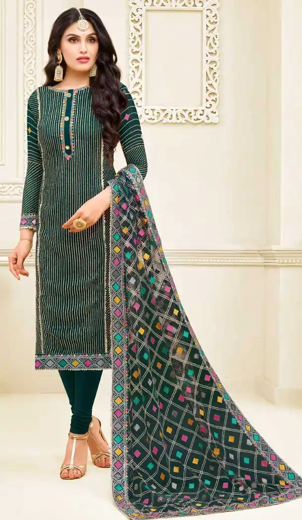 Dark Green Color Satin Georgette Heavy Embroidred Designer Salwar Suits -676984943
