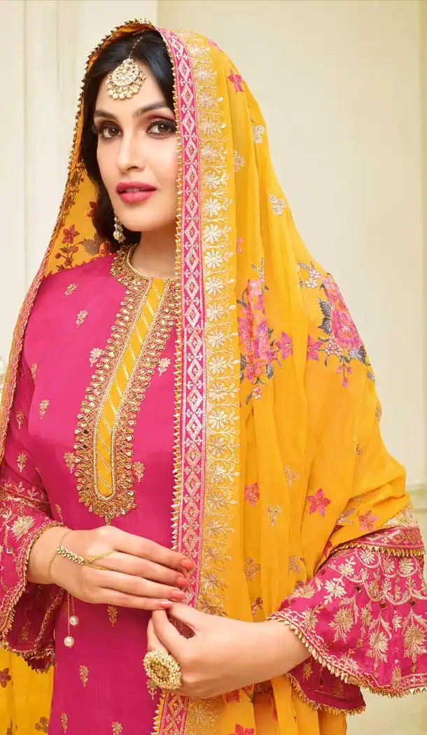 Pink Color Satin Georgette Heavy Embroidred Designer Salwar Suits -676984944