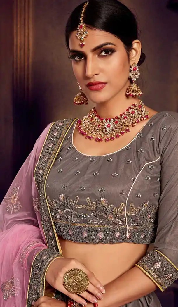 Grey Color Net Heavy Designer Embroidery Women Lehenga Choli -677284965