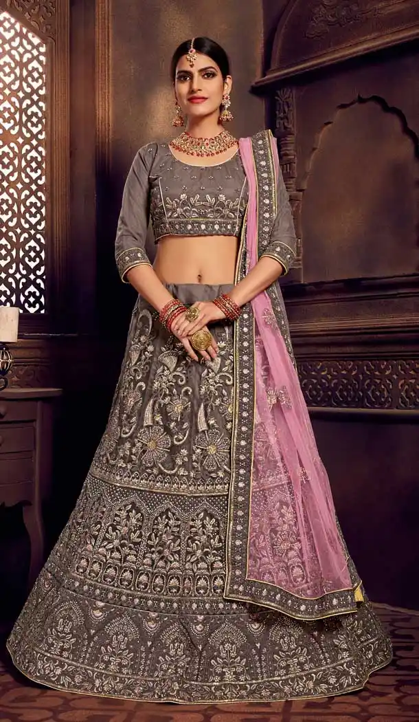 Grey Color Net Heavy Designer Embroidery Women Lehenga Choli -677284965
