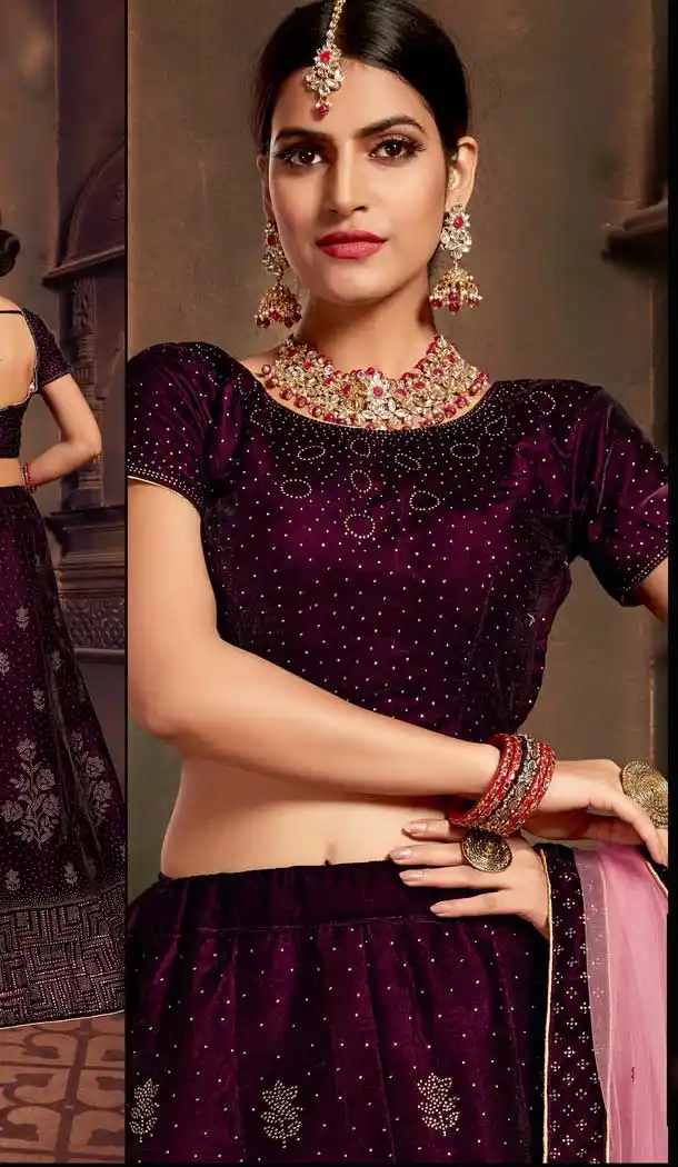 Wine Color Velvet Heavy Designer Embroidery Women Lehenga Choli