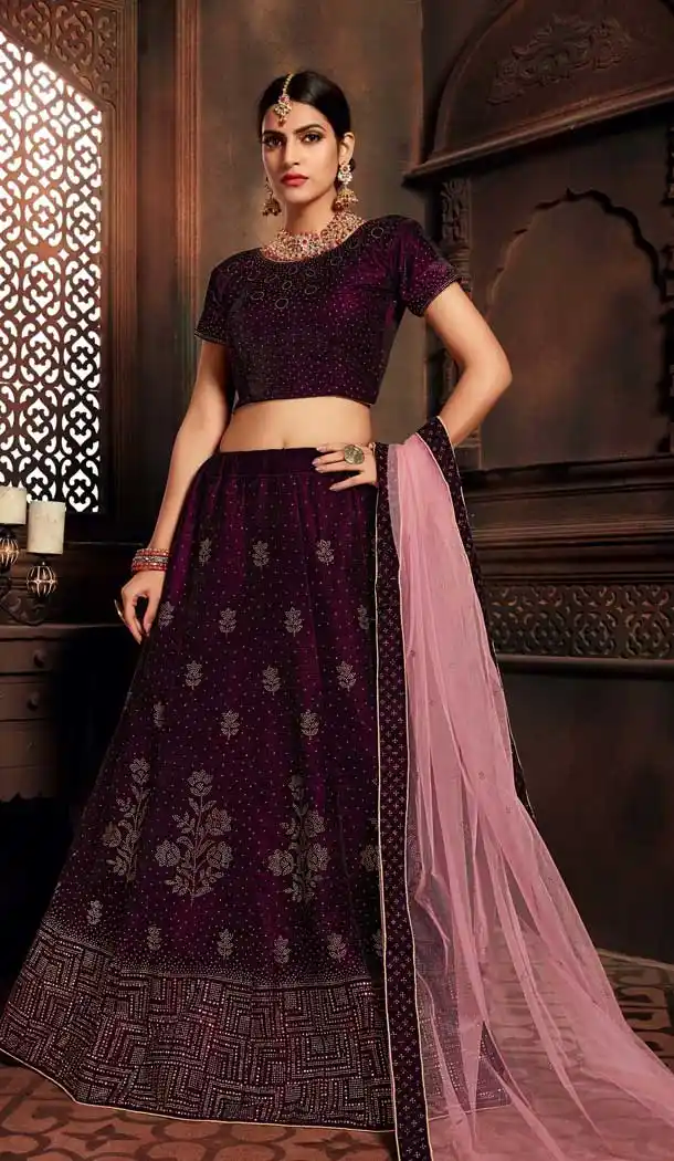 Wine Color Velvet Heavy Designer Embroidery Women Lehenga Choli