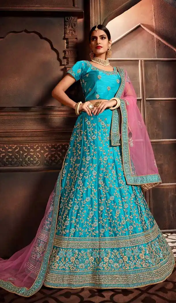 Firozi Color Silk Heavy Designer Embroidery Women Lehenga Choli -677284968