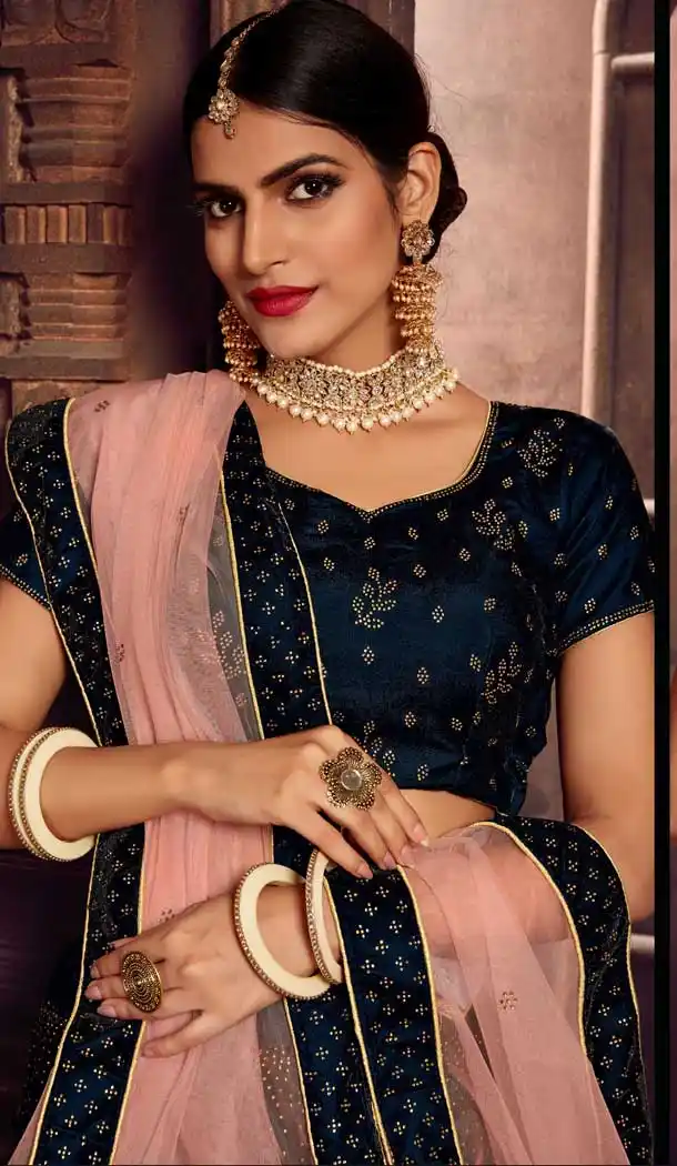Navy Blue Color Velvet Heavy Designer Embroidery Women Lehenga Choli -677284970