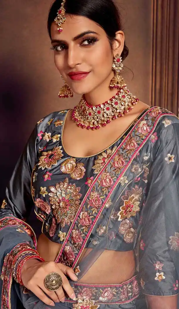 Fascinating Grey Color Silk Heavy Designer Embroidery Women Lehenga Choli -677284971