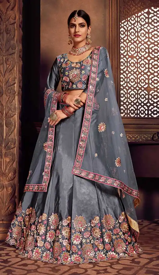 Fascinating Grey Color Silk Heavy Designer Embroidery Women Lehenga Choli -677284971