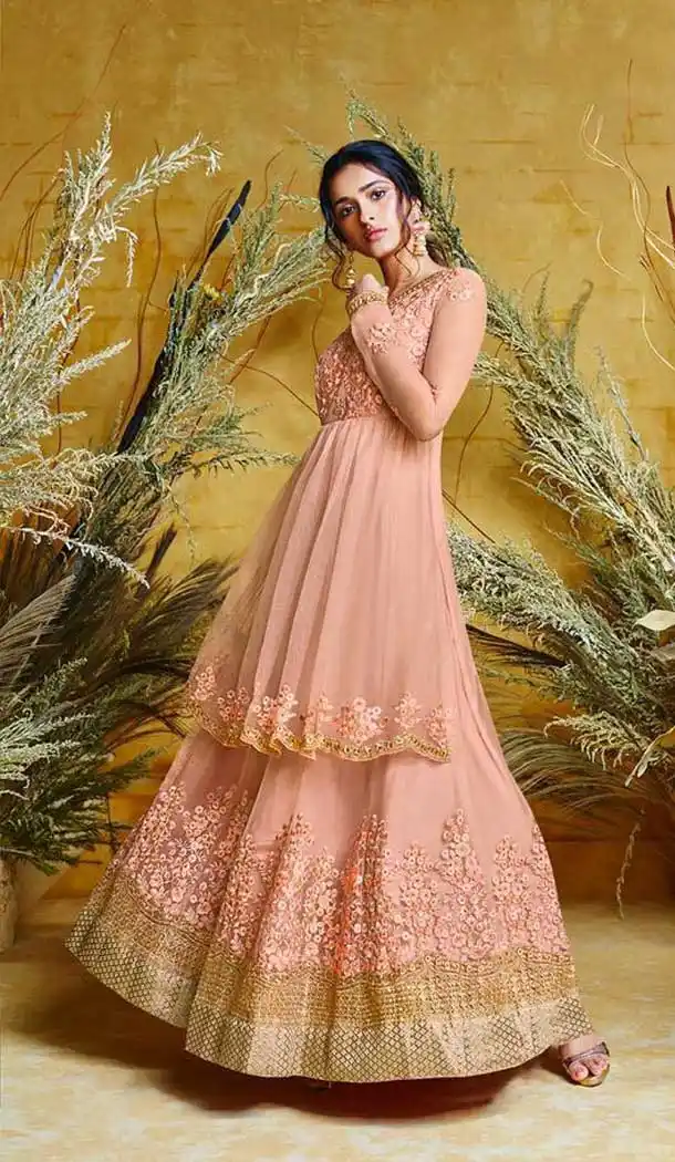 Luscious Light Orange Color Heavy Net Designer Long Anarkali Salwar Kameez -486367081