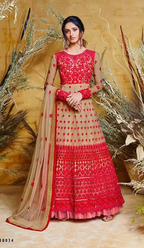 Divine Red Color Heavy Net Designer Long Anarkali Salwar Kameez -486367082