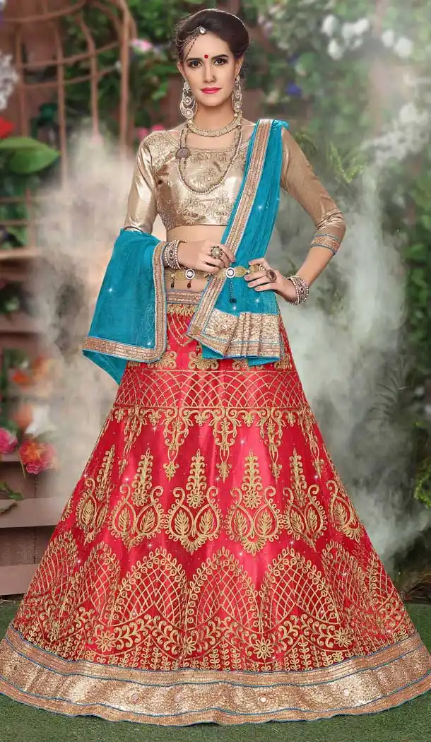 Red Color Satin Embroidery Traditional Women Lehenga Choli -487267141