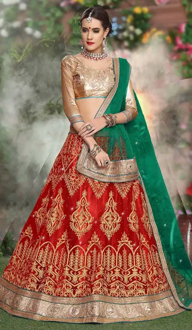 Red Green Color Satin Embroidery Traditional Women Lehenga Choli -487267143