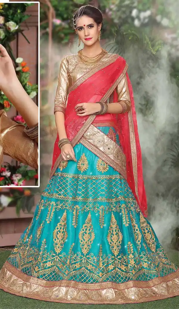 Sky Blue Color Satin Embroidery Traditional Women Lehenga Choli