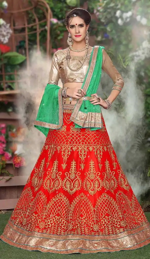 Ethnic Red Color Satin Embroidery Traditional Women Lehenga Choli -487267148
