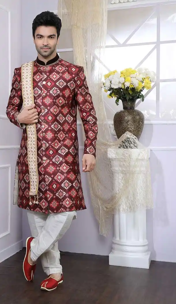 Printed Maroon Color Silk Readymade Indo Western Men Sherwani vol6603