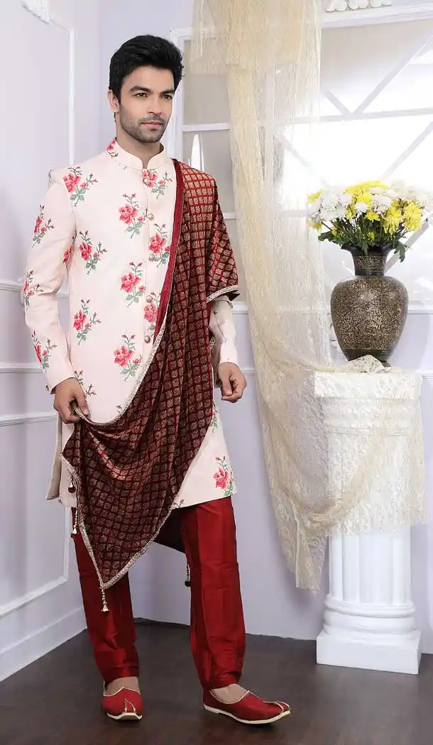 Light Pink Printed Color Silk Readymade Indo Western Men Sherwani vol6605