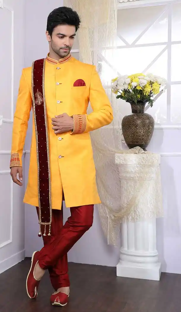 Ravishing Mango Color Silk Readymade Indo Western Men Sherwani vol6606