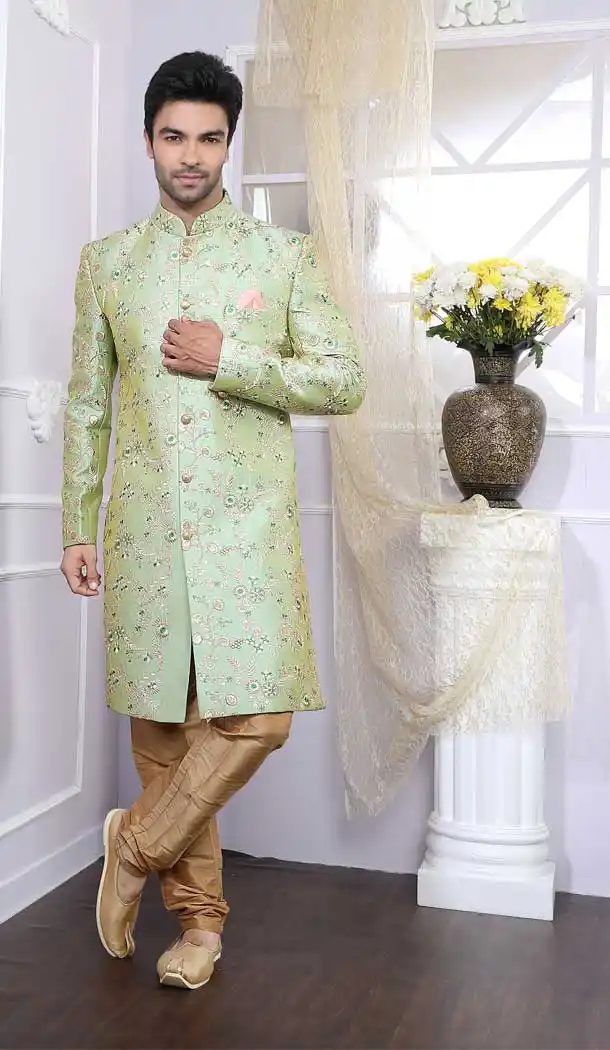 Ravishing Pista Color Silk Readymade Indo Western Men Sherwani vol6609