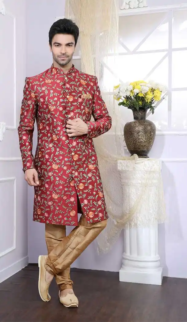 Elegant Maroon Color Silk Readymade Indo Western Men Sherwani vol6610