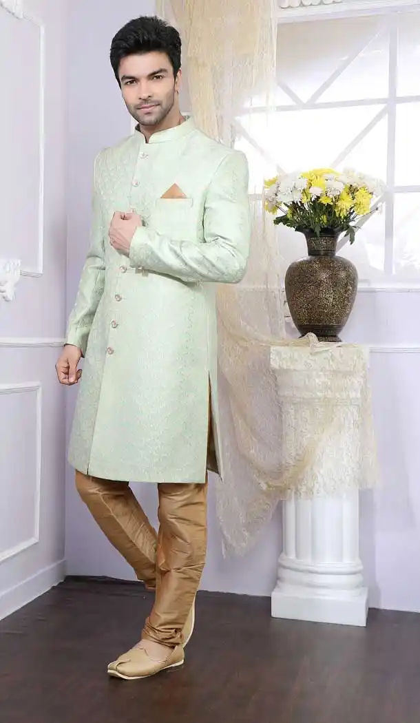 Alluring Pista Color Silk Readymade Indo Western Men Sherwani vol6612