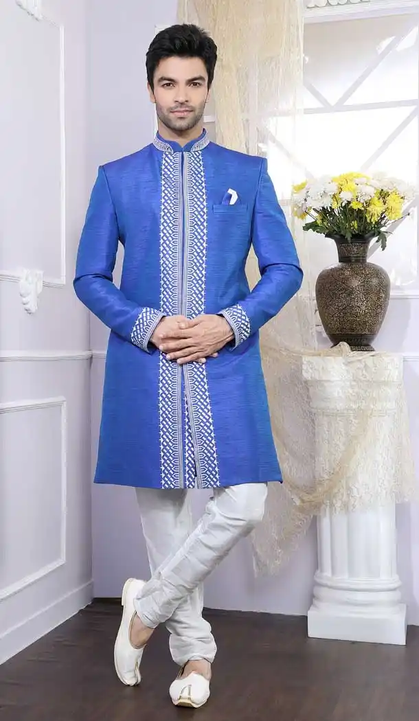 Exquisite Blue Color Silk Readymade Indo Western Men Sherwani vol6613