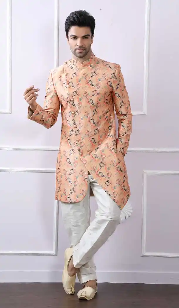 Peach Floral Printed Color Silk Readymade Indo Western Men Sherwani vol6614