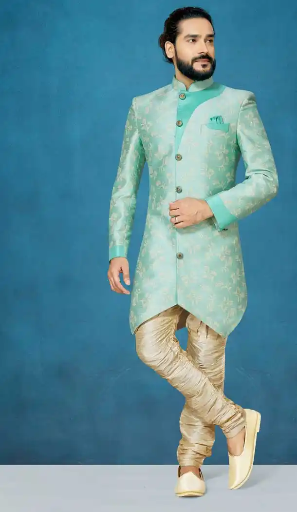Aqua Green Color Anmol Jacquard Readymade Indo Western Men Sherwani vol101001