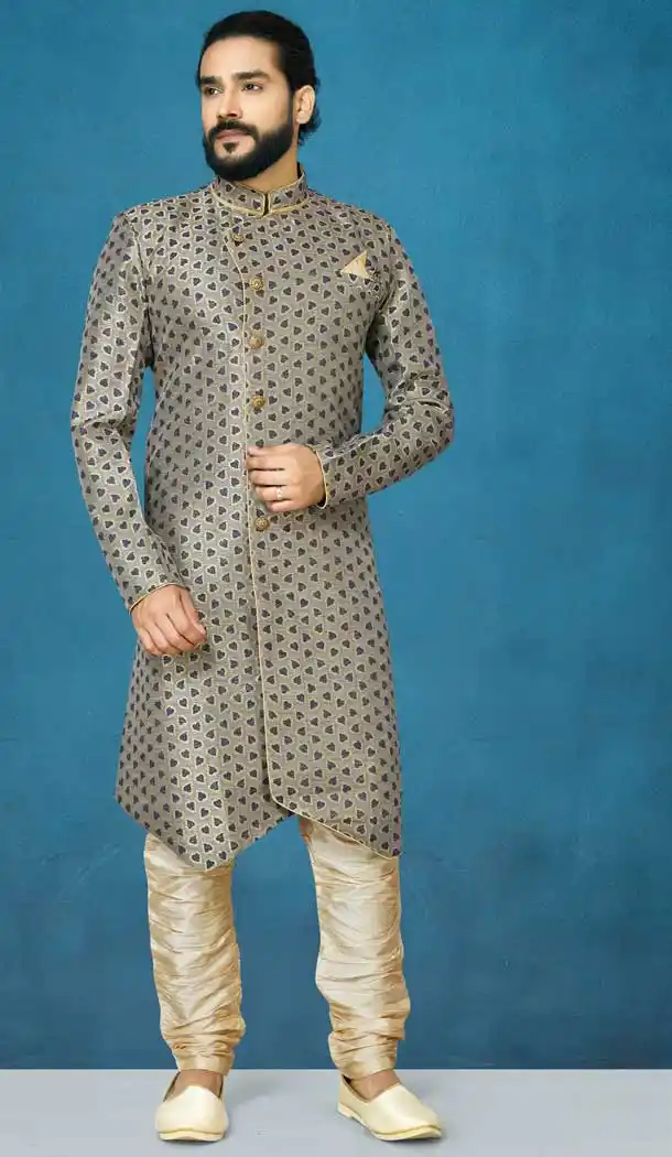 Beige Color Jacquard Silk Readymade Indo Western Men Sherwani vol101004