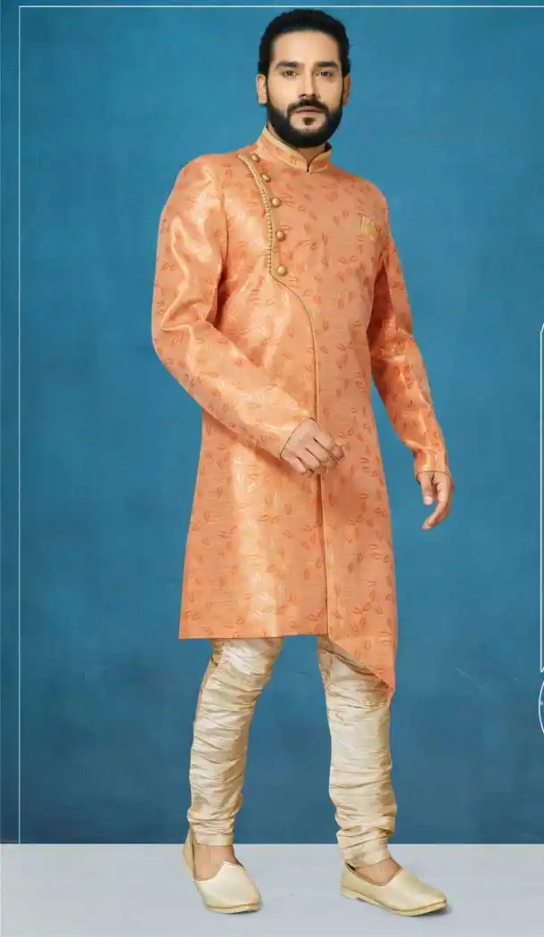 Orange Color Jacquard Silk Readymade Indo Western Men Sherwani vol101005