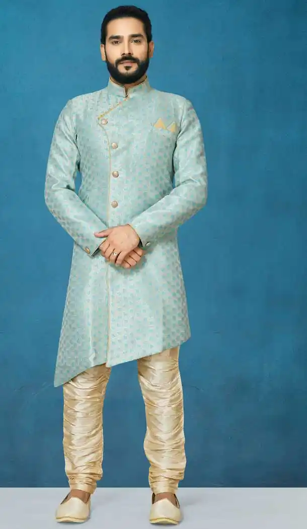 Grey Color Jacquard Silk Readymade Indo Western Men Sherwani vol101006