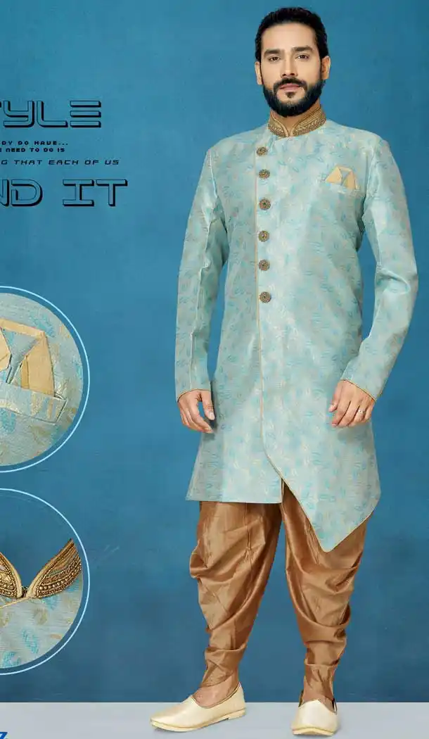 Beautiful Grey Color Jacquard Silk Readymade Indo Western Men Sherwani vol101007