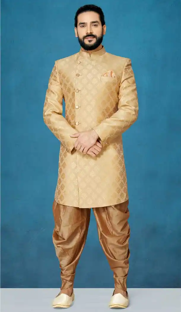Gold Color Sunlight Silk Readymade Indo Western Men Sherwani vol101008