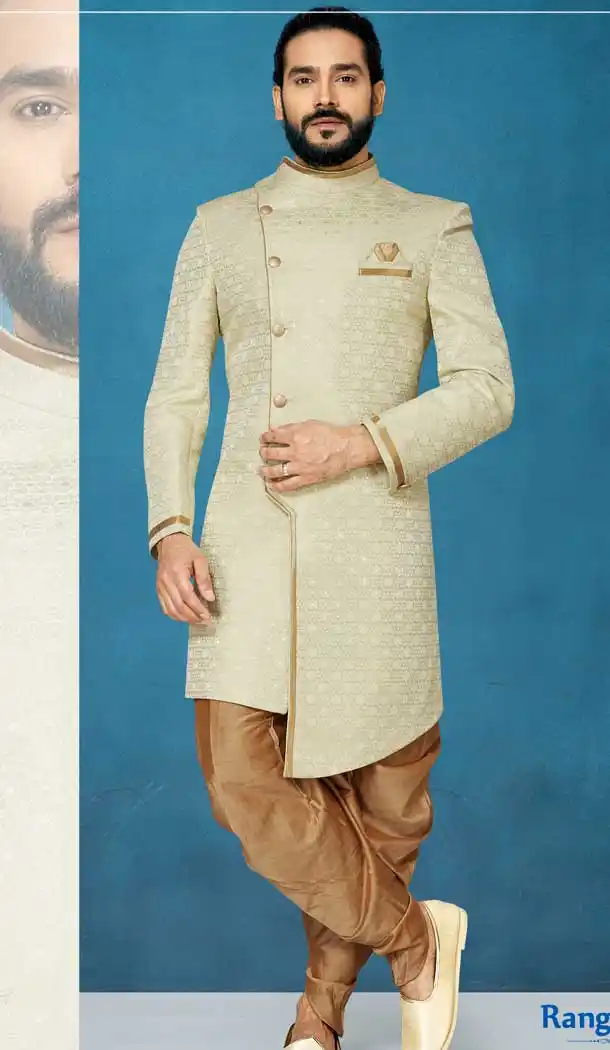 Cream Color Anmol Jacquard Readymade Indo Western Men Sherwani vol101010
