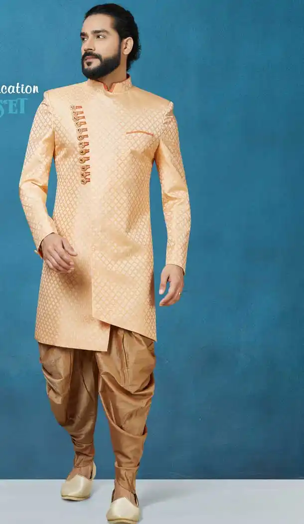Fancy Peach Color Sunlight Silk Readymade Indo Western Men Sherwani vol101012