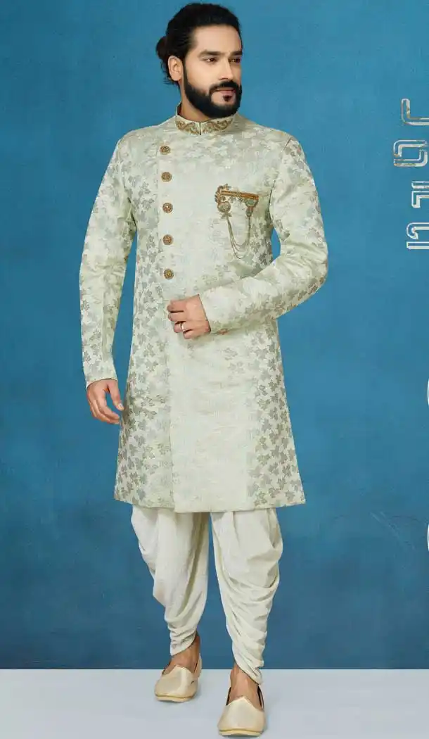 Exquisite Grey Color Anmol Jacquard Readymade Indo Western Men Sherwani vol101013
