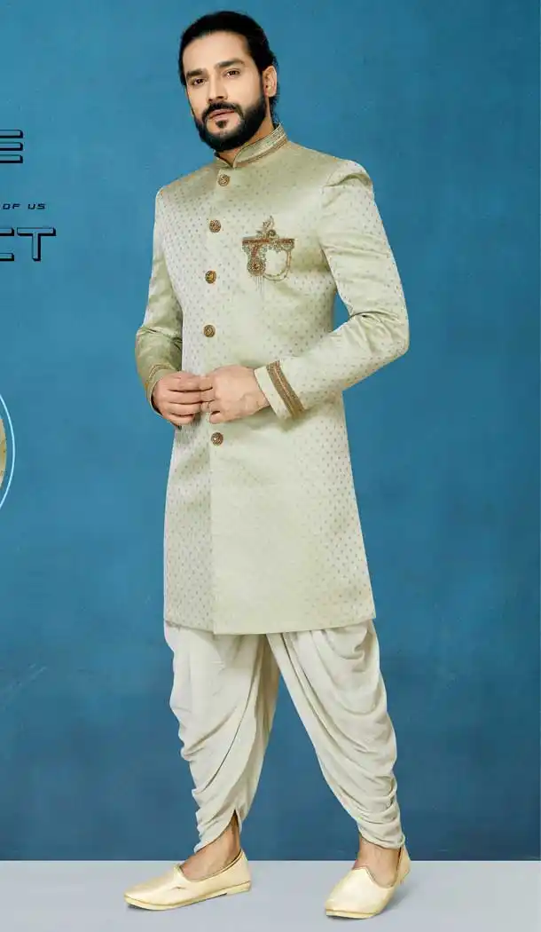 Fantastic Pista Color Sunlight Silk Readymade Indo Western Men Sherwani vol101014