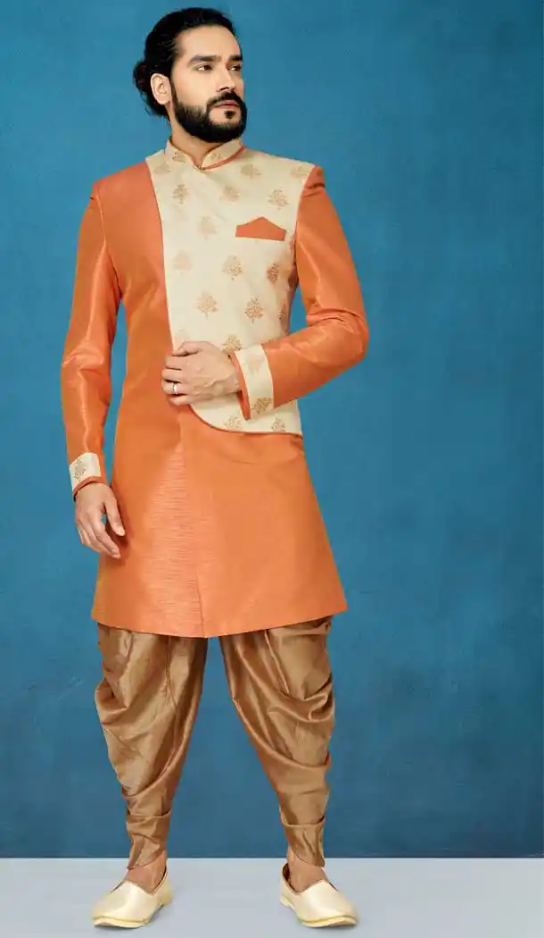 Orange Color Anmol Jacquard Readymade Indo Western Men Sherwani vol101015