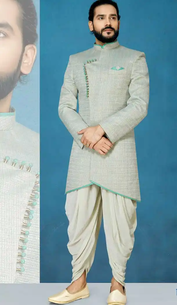 Grey Color Cracad Jacquard Readymade Indo Western Men Sherwani vol101016