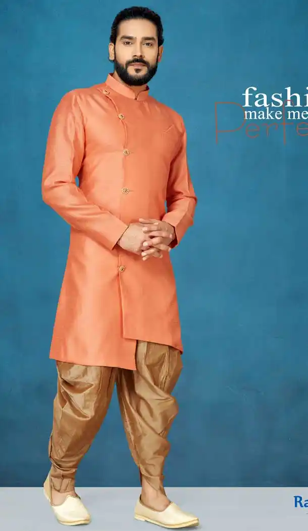 Orange Color Jacquard Silk Readymade Indo Western Men Sherwani