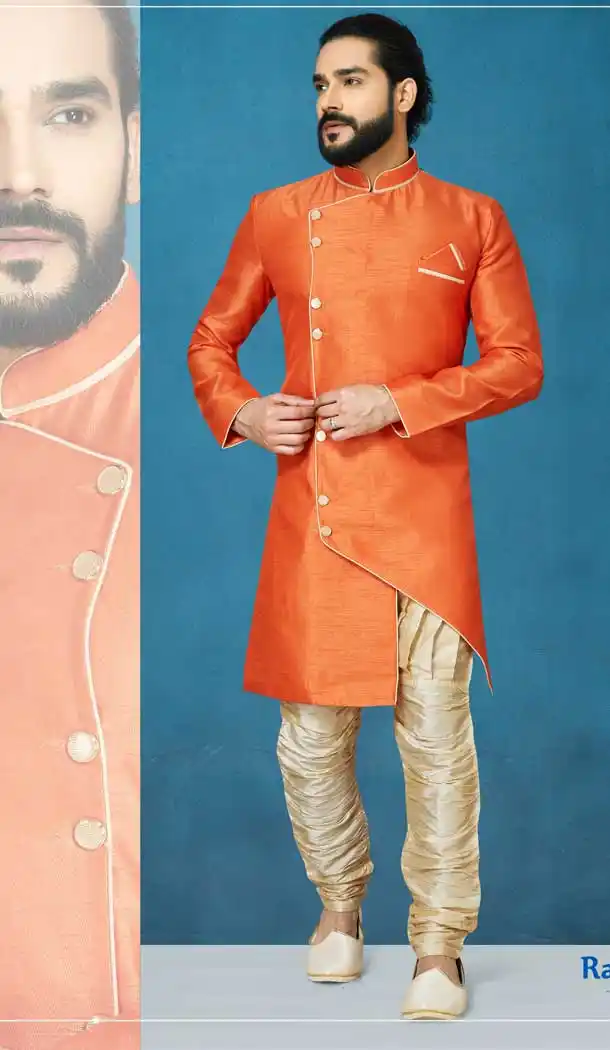 Orange Color Jacquard Silk Readymade Indo Western Men Sherwani vol101023