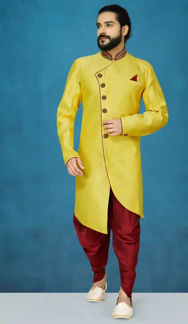 Style Yellow Color Jacquard Silk Readymade Indo Western Men Sherwani vol101024