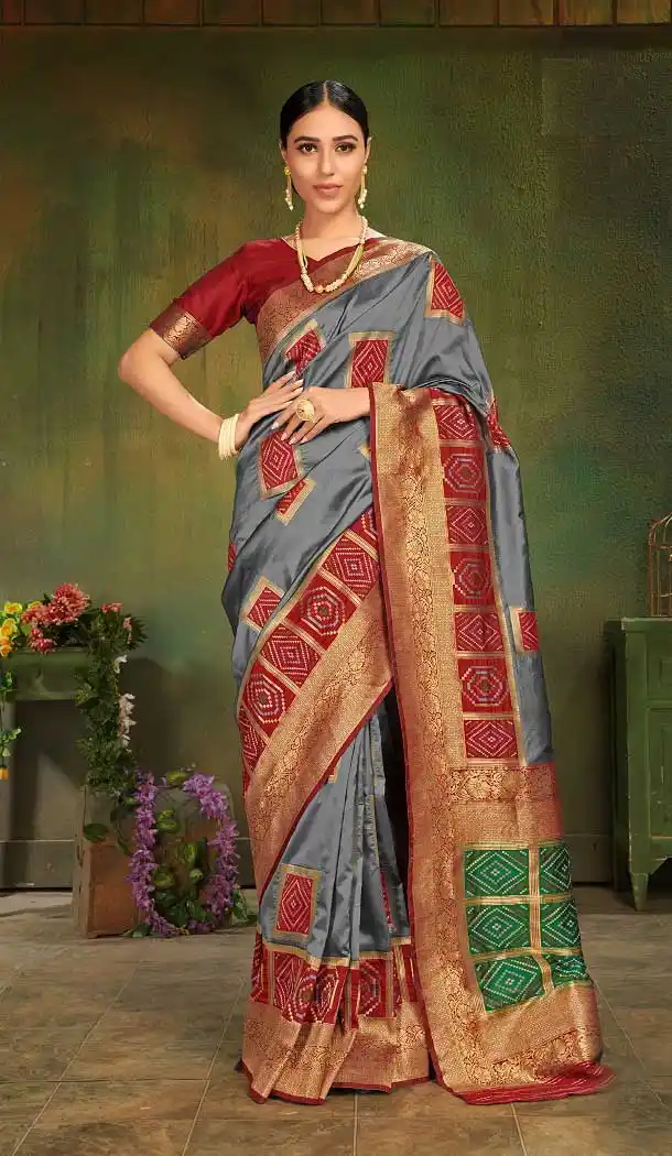 Gleaming Patola Silk Grey Color Designer Party Wear Women Saree -674184723