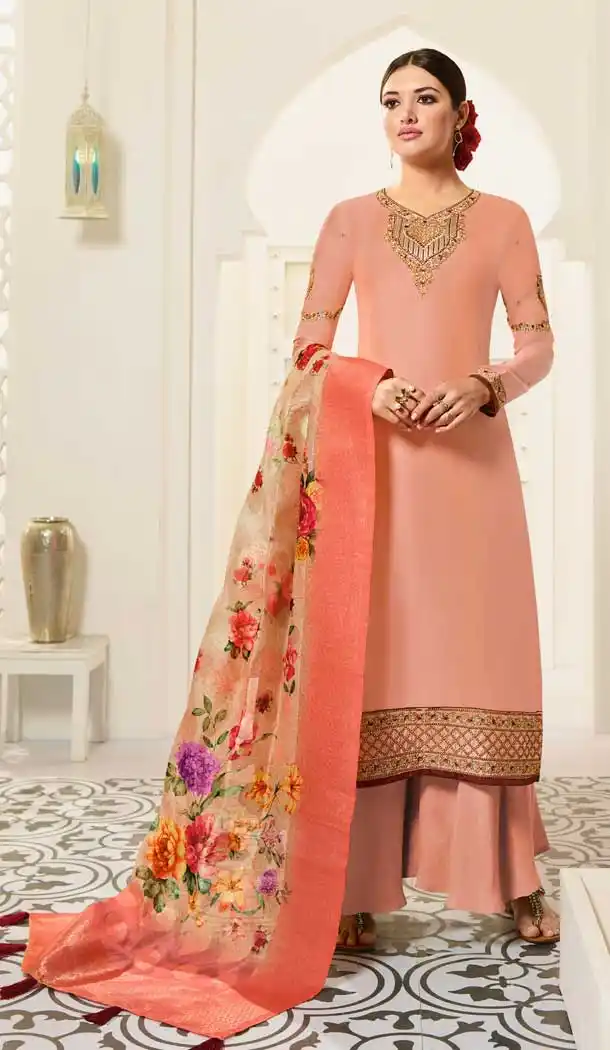 Divine Peach Color Satin Georgette Party Wear Palazzo Suits -676584916
