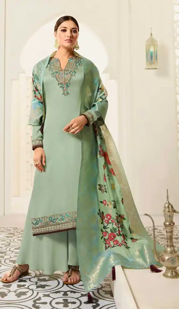 Majesty Sea Green Color Satin Georgette Party Wear Palazzo Suits -676584917
